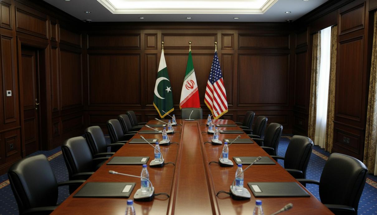 Зал для официальных переговоров с флагами Пакистана, Ирана и США у деревянной стены.