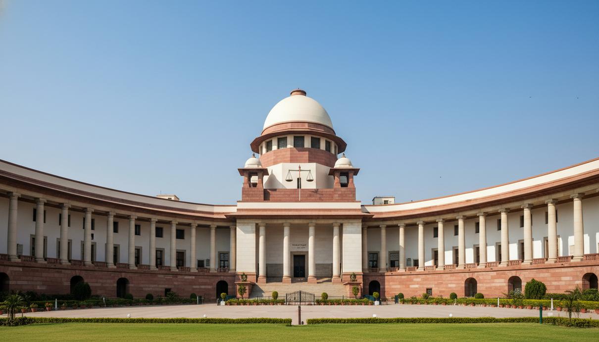 Здание Верховного суда Индии с колоннами и куполом в Нью-Дели на фоне ясного неба.