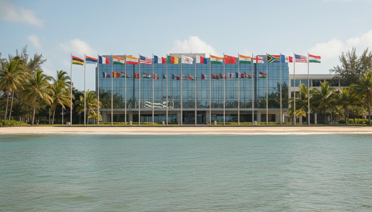 Ряд национальных флагов на флагштоках перед современным зданием на берегу океана с бирюзовой водой.