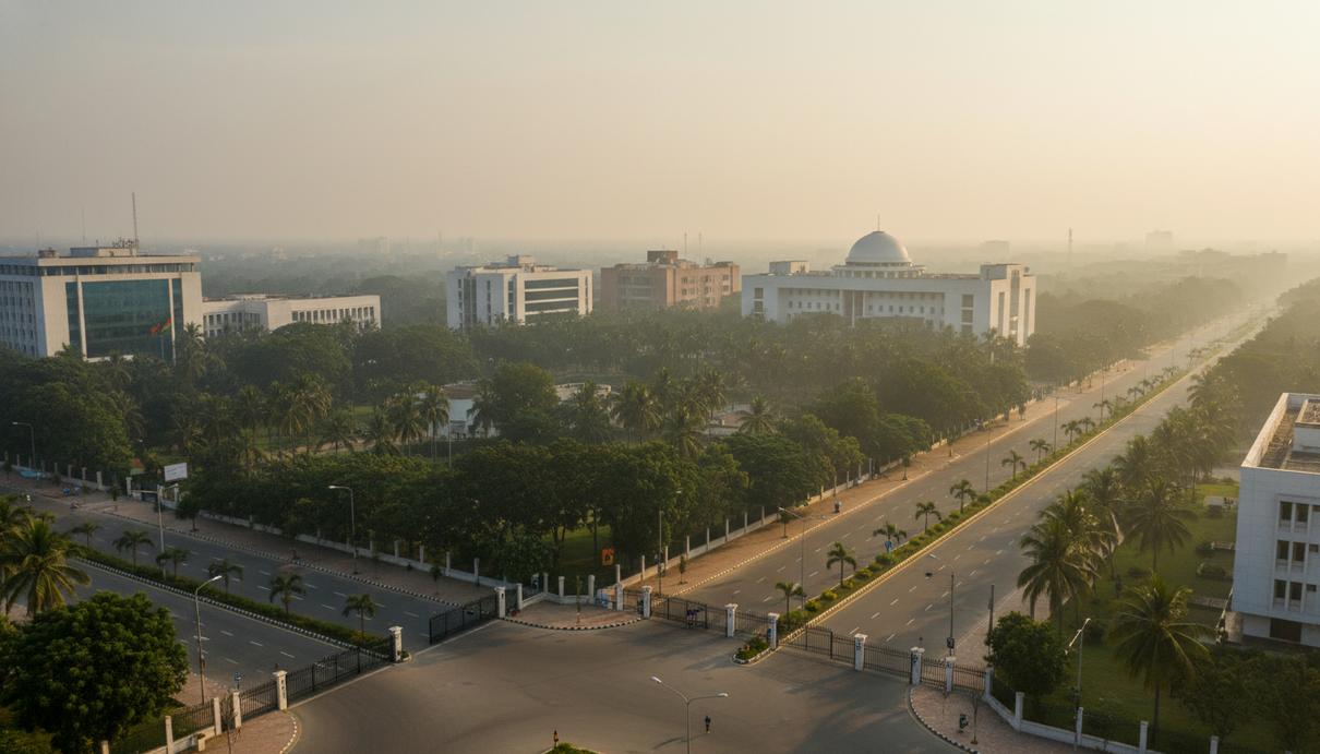 Диверсификация Дакки: новый баланс сил в Южной Азии Современные правительственные здания и широкие пустые дороги в дипломатическом квартале Дакки среди тропической зелени.