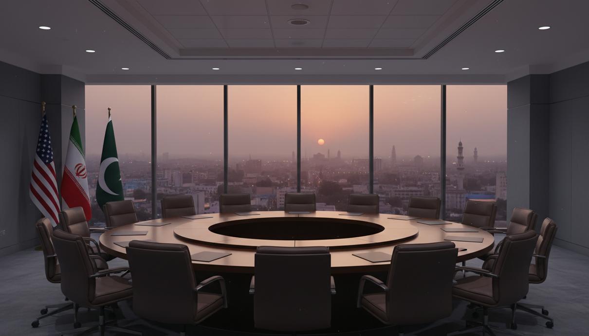 Интерьер пустого конференц-зала с государственными флагами и панорамным видом на город на закате.