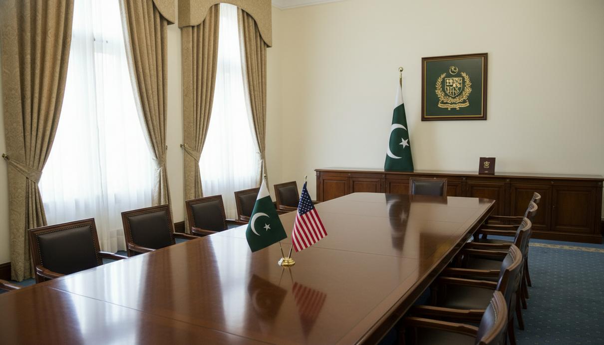 Официальный зал для переговоров в Исламабаде с деревянной мебелью и флагами Пакистана и США