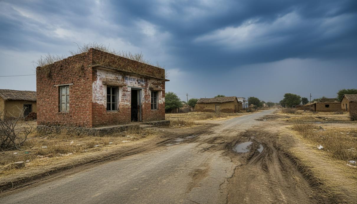 Приоритеты Нью-Дели: социальный разрыв и давление на благотворительный сектор Заброшенное кирпичное здание сельской клиники в Индии на фоне грунтовой дороги и грозового неба.