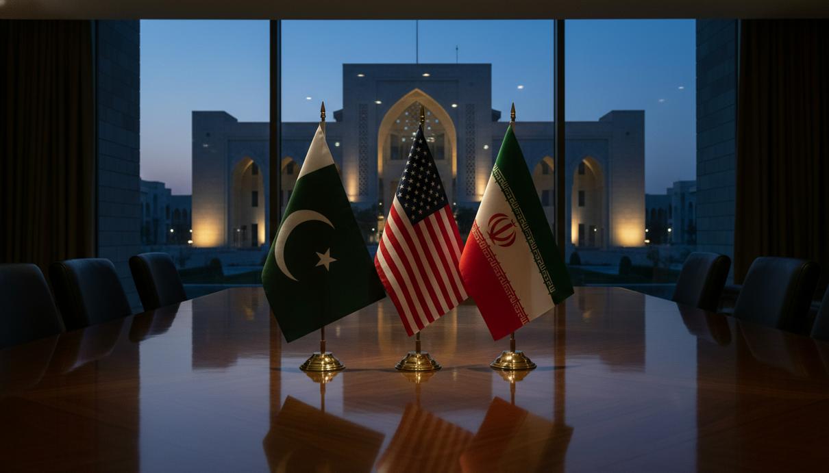 Исламабад как посредник: новая дипломатическая роль Пакистана Здание Министерства иностранных дел в Исламабаде и государственные флаги на столе в зале переговоров.