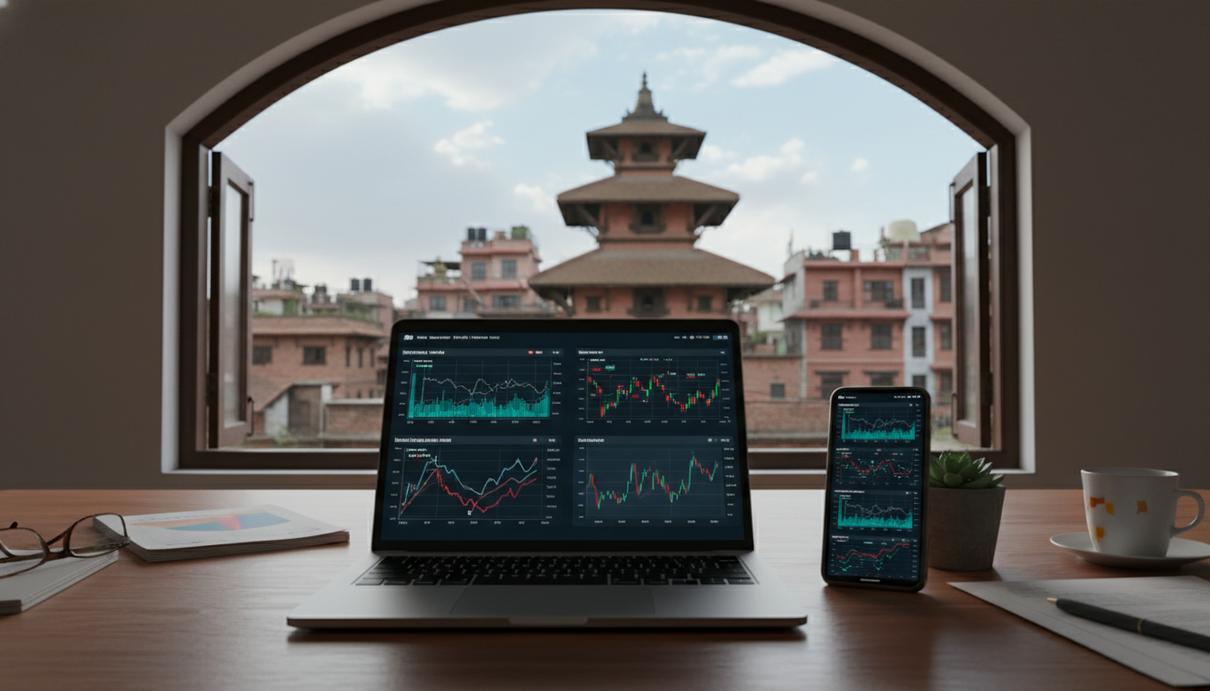 Цифровые медиа Непала в глобальных данных: лидерство в сегменте стартапов Ноутбук и смартфон с графиками данных на столе на фоне кирпичных зданий Катманду за окном