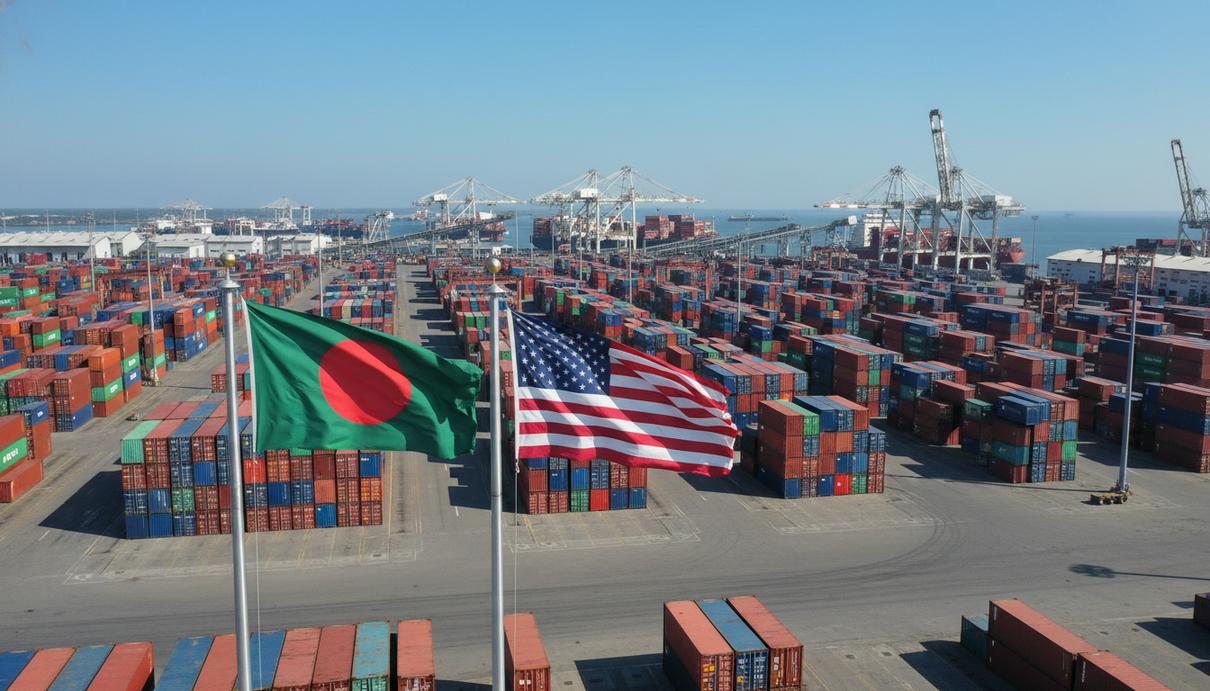 Цена преференций: торговое соглашение с США ограничивает суверенитет Бангладеш Морской грузовой терминал с рядами контейнеров и государственными флагами Бангладеш и США на флагштоках.