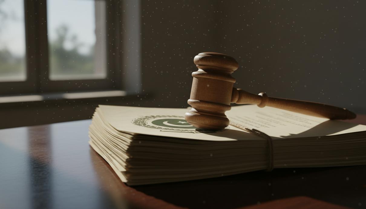 Деревянный судейский молоток лежит на стопке официальных документов с государственной эмблемой Пакистана.