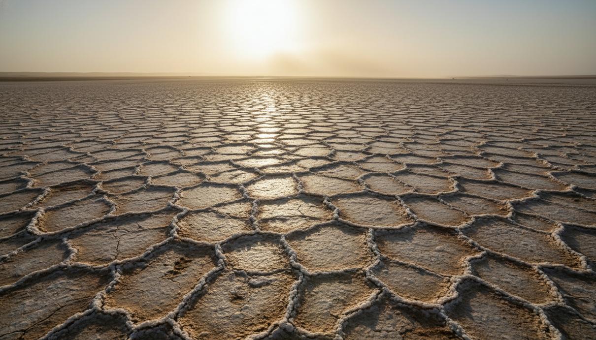Панорама высохшего дна водоема с глубокими трещинами на почве и соляными отложениями под открытым небом.