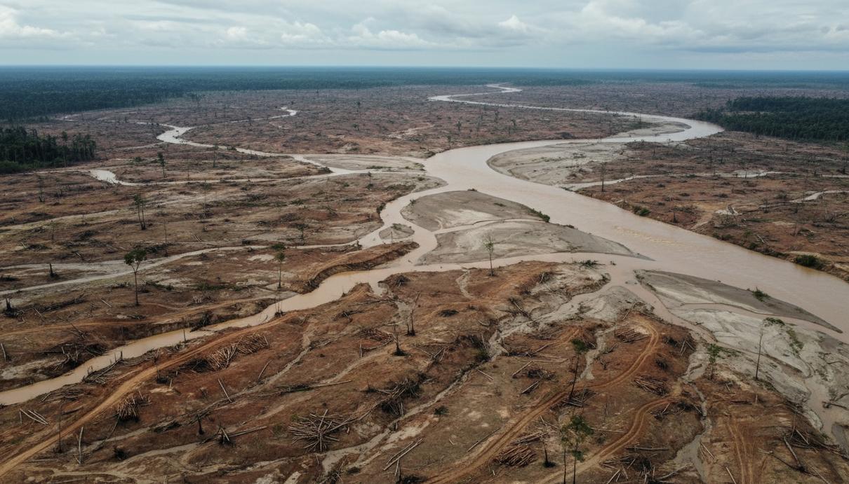 Вид сверху на обезлесенную территорию с признаками эрозии почвы и вышедшую из берегов мутную реку