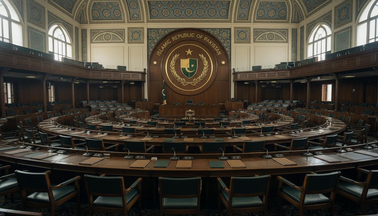 Интерьер пустого зала заседаний государственного учреждения в Пакистане с деревянной мебелью.