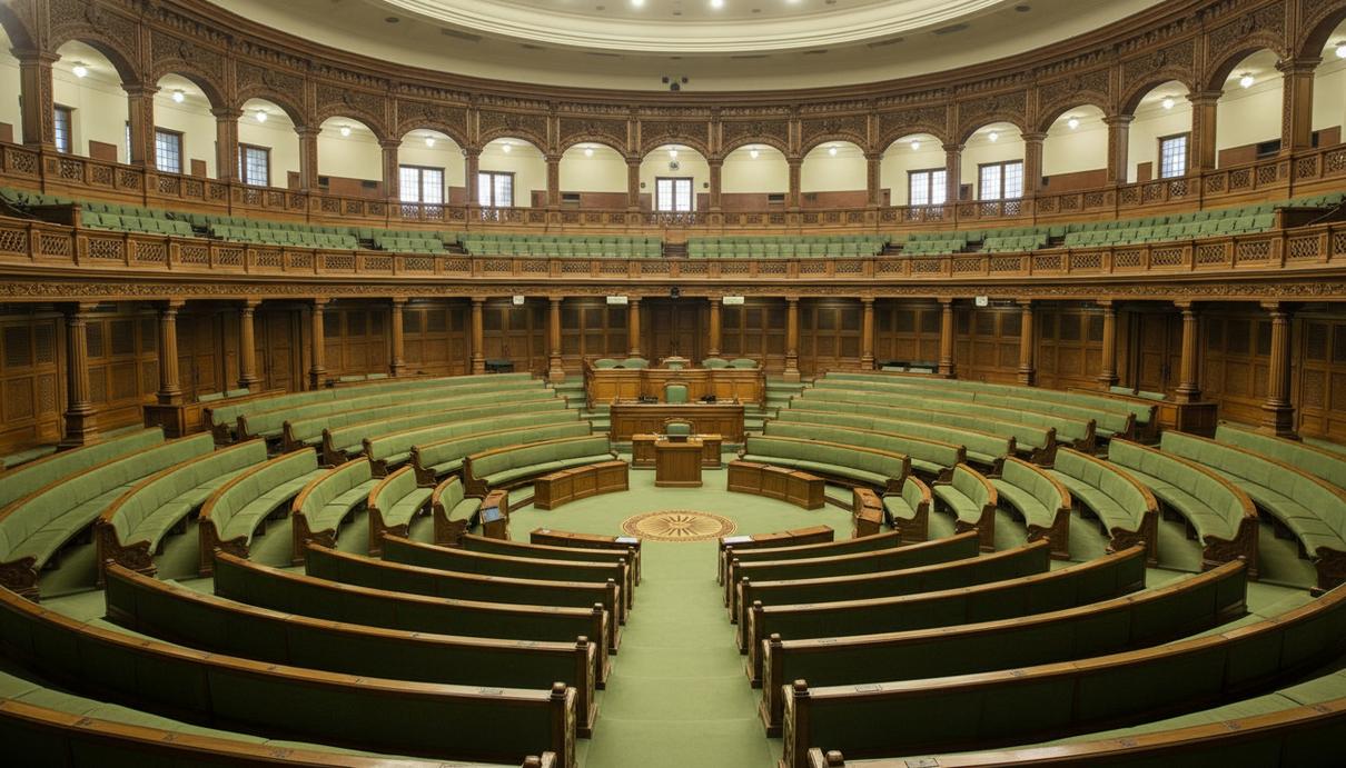 Пустой зал заседаний индийского парламента с рядами зеленых скамей и деревянной отделкой