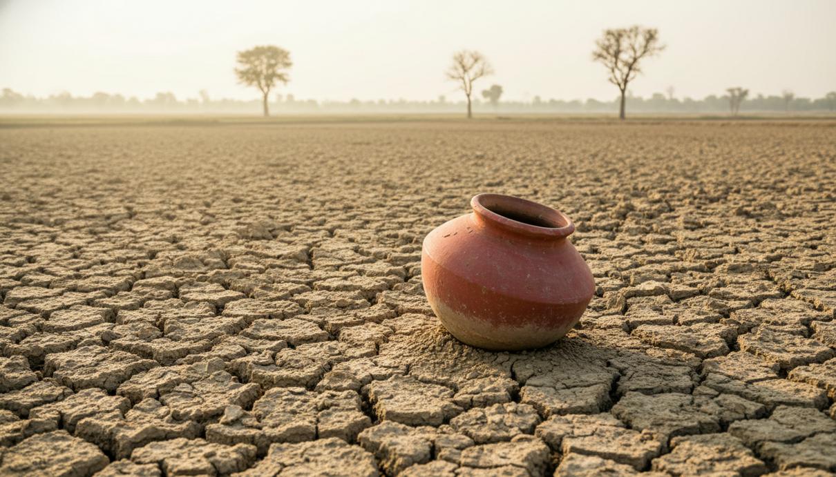 Растрескавшаяся от засухи почва на пустом поле в Индии с брошенным глиняным кувшином в дымке жары