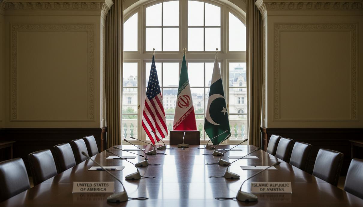 Интерьер пустого зала для дипломатических встреч с флагами Пакистана, Ирана и США у окна.