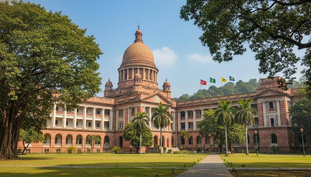 Фасад правительственного здания в Западной Бенгалии в окружении тропических деревьев и политических флагов.