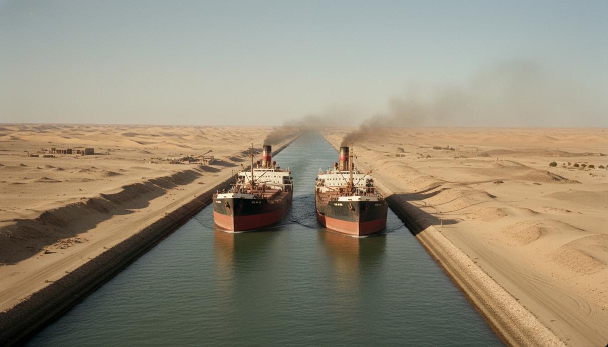 Грузовые корабли середины двадцатого века проходят по Суэцкому каналу на фоне пустыни.