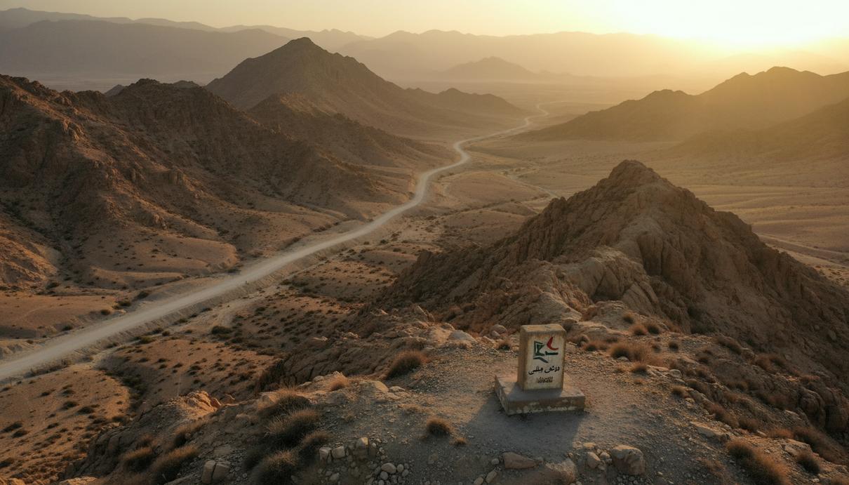 Пустынный горный пейзаж на границе Пакистана и Ирана с извилистой дорогой в свете заката
