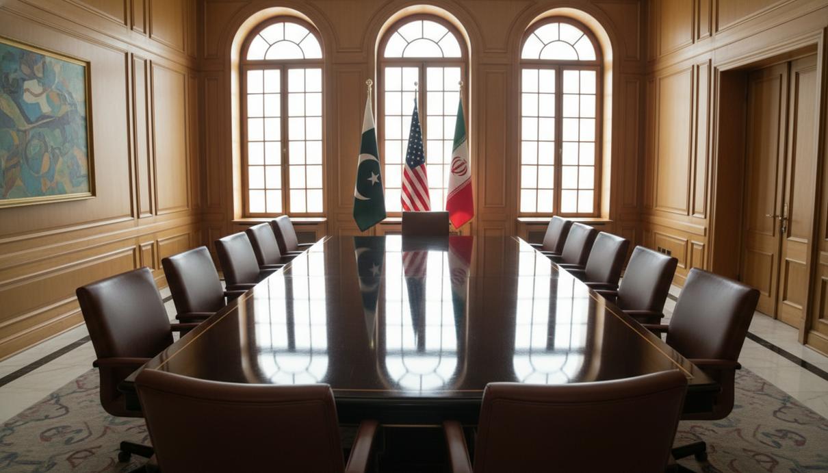 Интерьер пустого конференц-зала с государственными флагами и массивным деревянным столом.