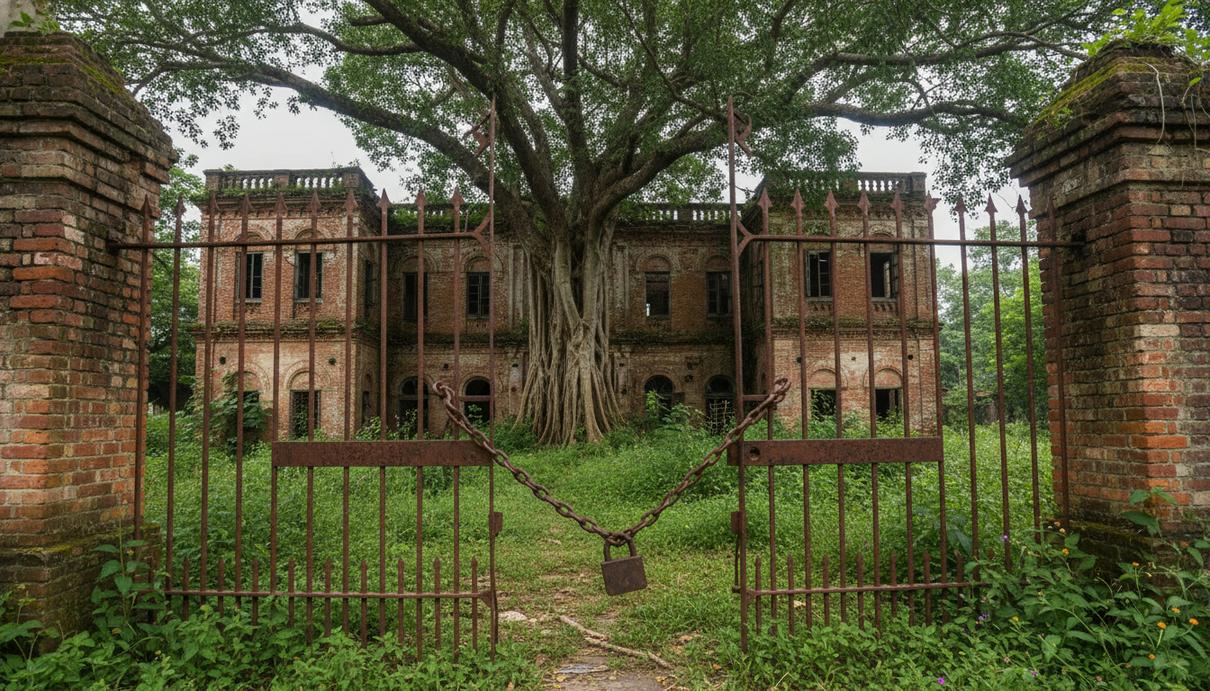 Заброшенная усадьба из красного кирпича в Бангладеш, заросшая деревьями, с запертыми на цепи воротами