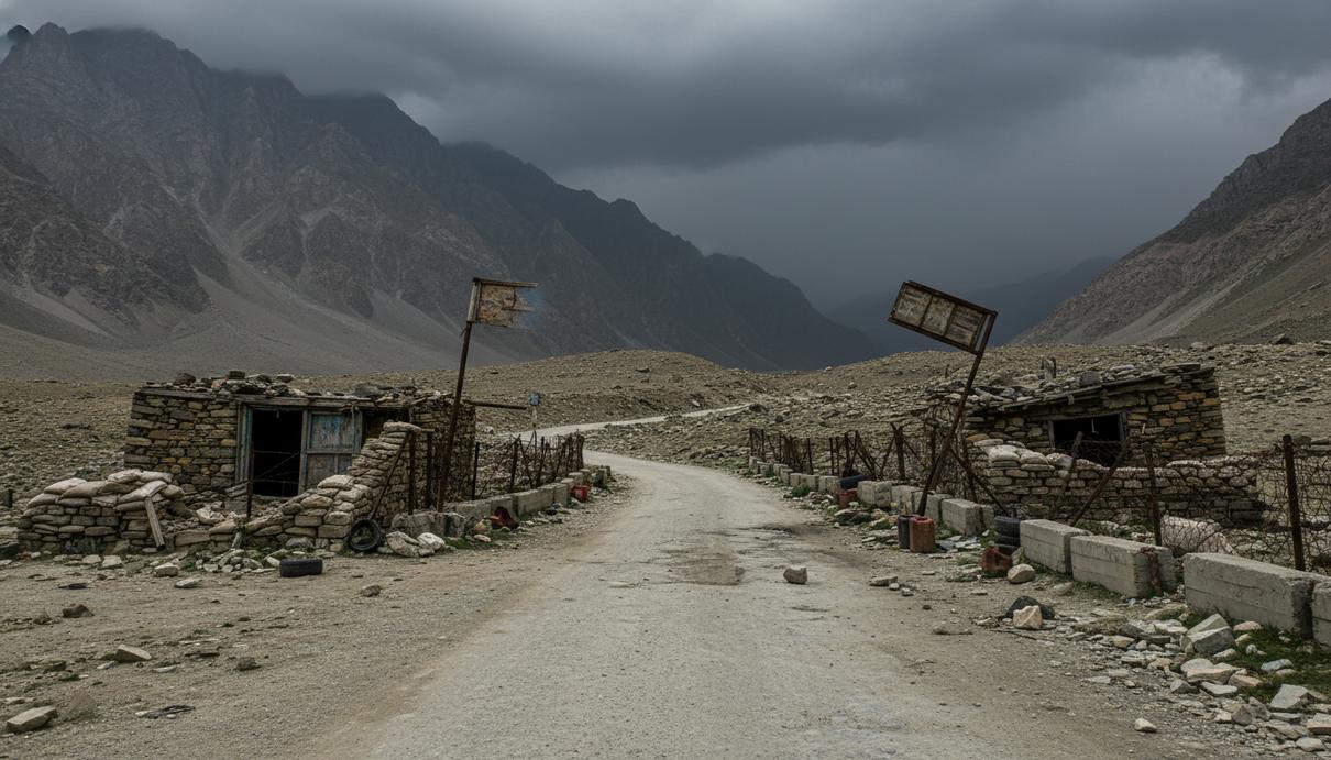 Горный пейзаж в районе Пахалгама с пустой грунтовой дорогой и заброшенным постом охраны на фоне скал.