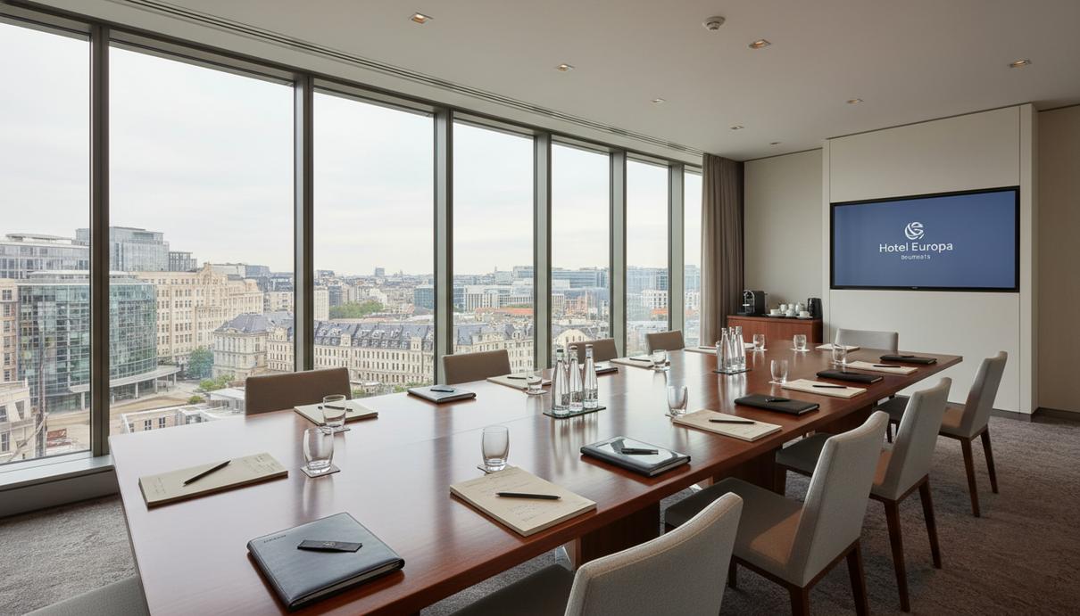 Пустой современный конференц-зал с видом через окно на здания европейского квартала в Брюсселе