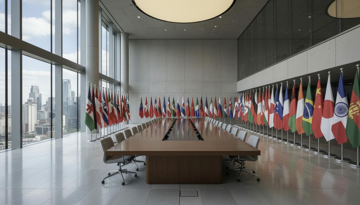 Пустой зал заседаний с длинным столом и флагами разных стран на фоне панорамных окон.