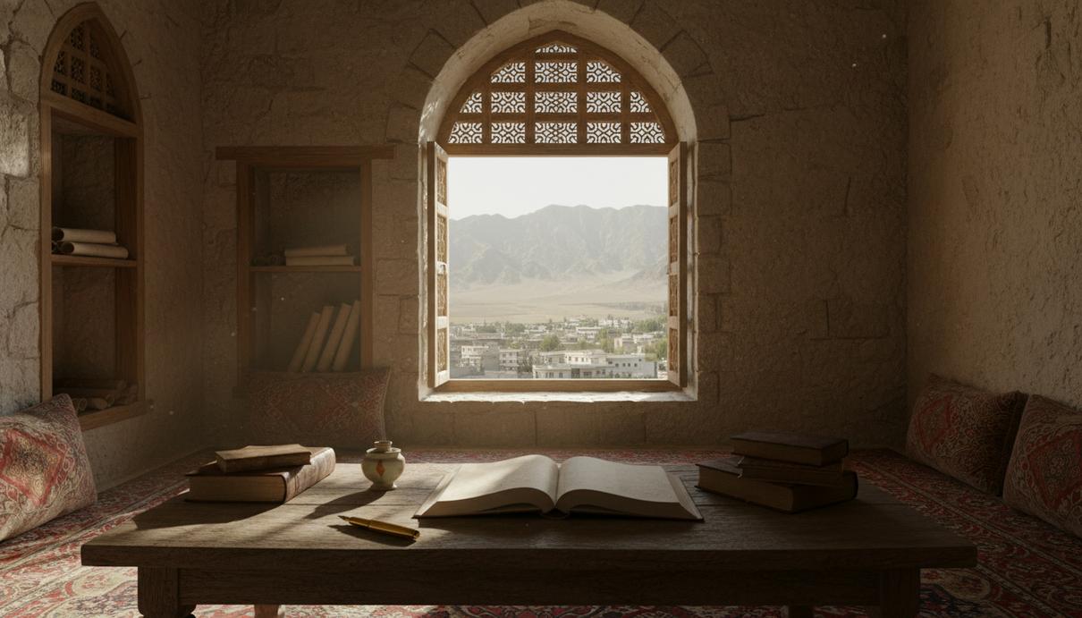 Деревянный стол с открытой тетрадью у окна с видом на горный пейзаж и застройку Кветты в Пакистане