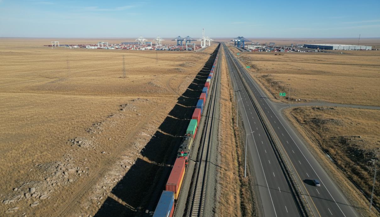 Вид сверху на современную железную дорогу и автомагистраль в степи с грузовыми контейнерами