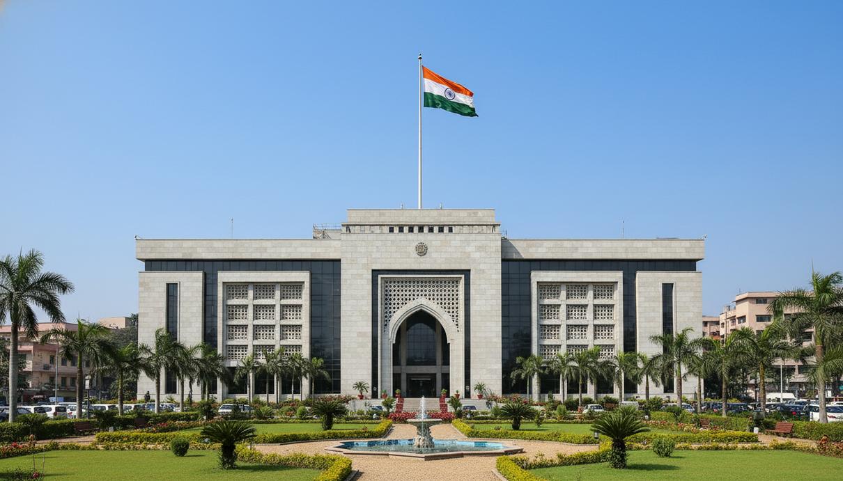 Фасад здания высокого комиссариата Индии в Дакке с государственным флагом на фоне голубого неба