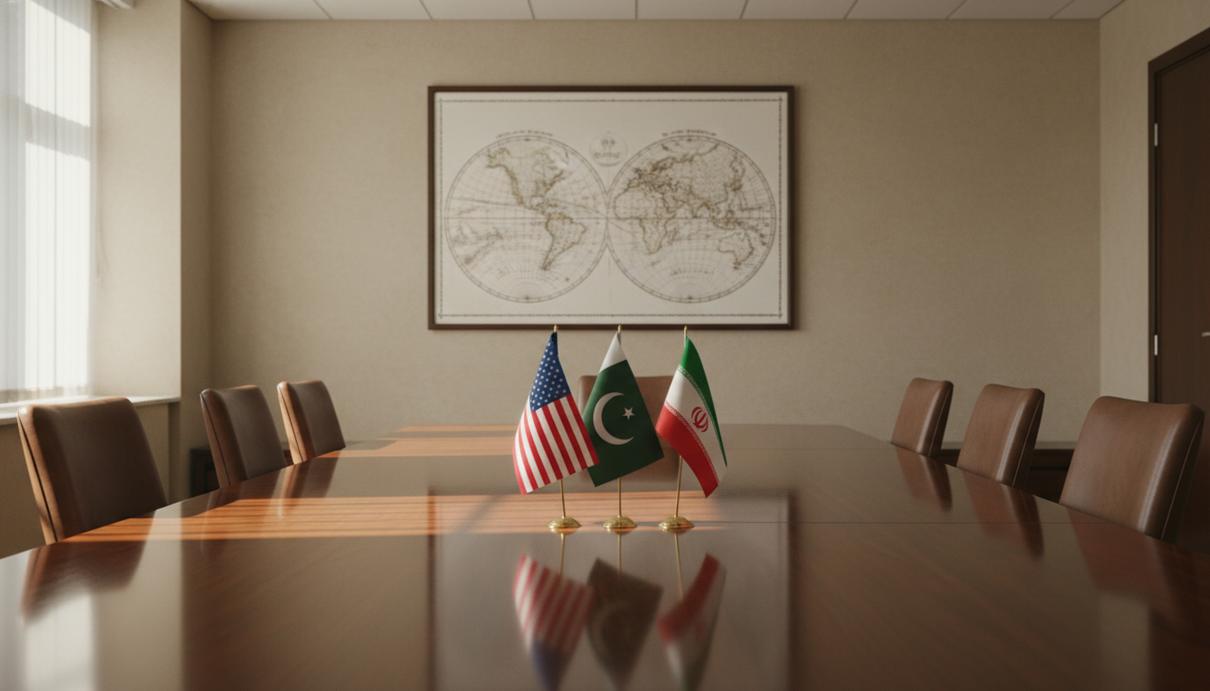 Пустой зал для официальных встреч с флагами США, Пакистана и Ирана на деревянном столе