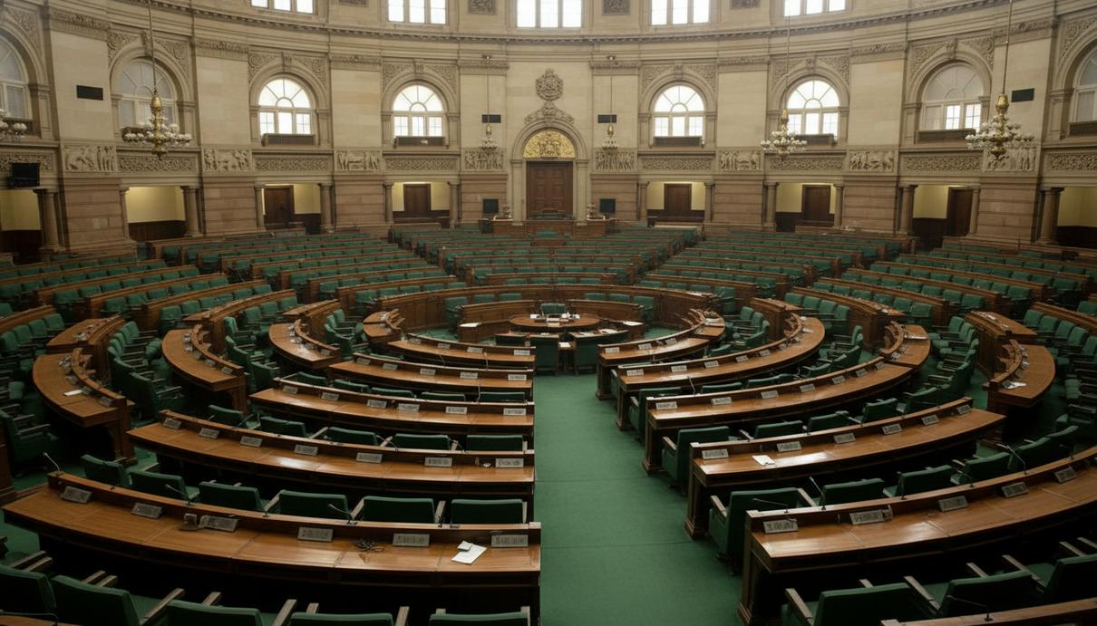 Интерьер пустого зала заседаний парламента с деревянными столами и зелеными креслами