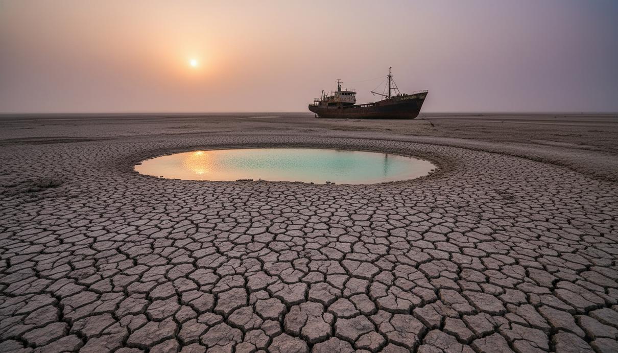 Потрескавшееся дно высохшего моря с ржавым остовом корабля и небольшим водоемом под закатным небом.