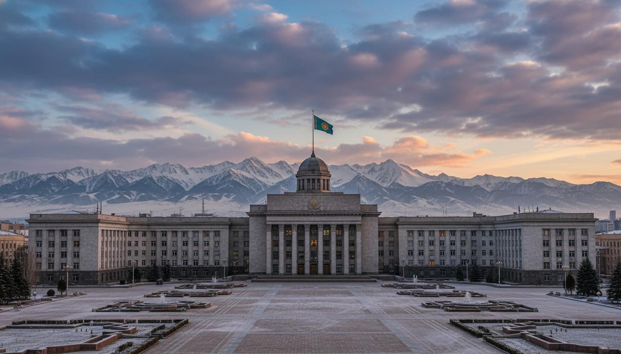 Архитектура правительственного здания на площади Ала-Тоо в Бишкеке на фоне заснеженных гор.