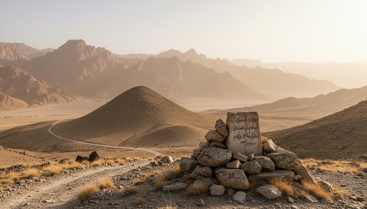 Старый каменный пограничный знак на фоне засушливых горных хребтов Гиндукуша и пыльной грунтовой дороги.