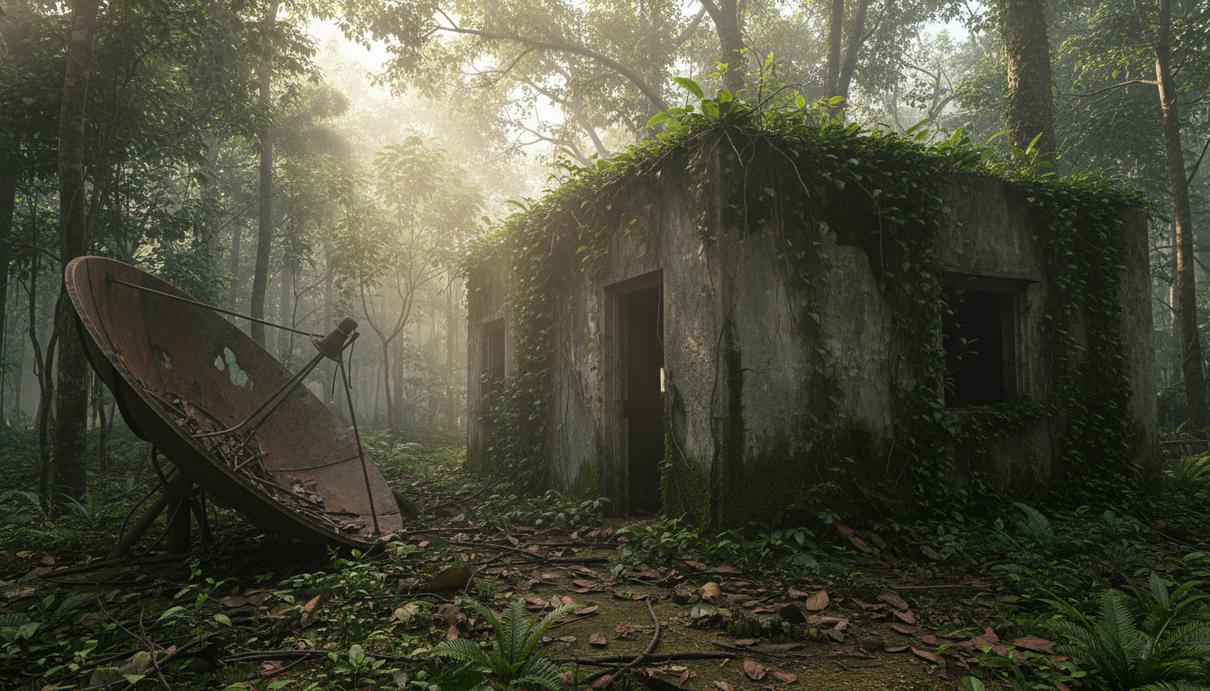 Заброшенный бетонный аванпост в джунглях Чхаттисгарха, поросший лианами и мхом, с ржавой антенной на земле