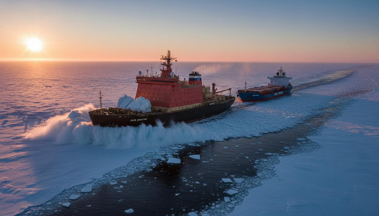Атомный ледокол и крупное грузовое судно следуют через ледяные поля Арктики на фоне заката.
