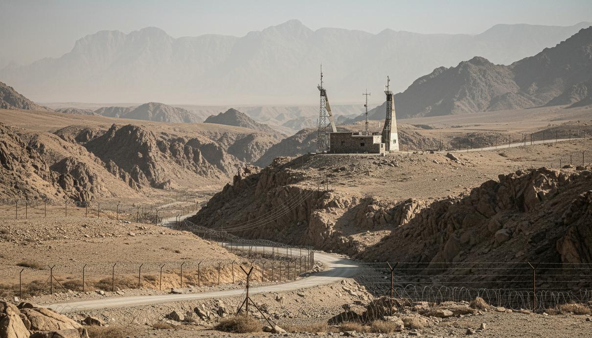 Укрепленный пограничный пост и забор с колючей проволокой в горной местности на линии Дюранда.