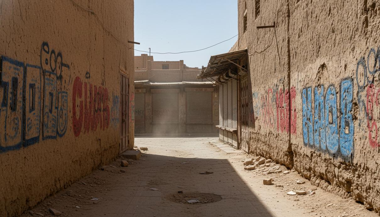 Пустая улица афганского города с глинобитными стенами, на которых видны надписи краской, и закрытые торговые лавки.
