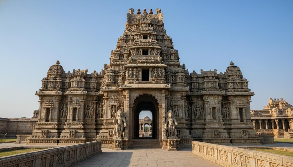 Вход в индуистский храм с искусной резьбой по камню и традиционными архитектурными элементами