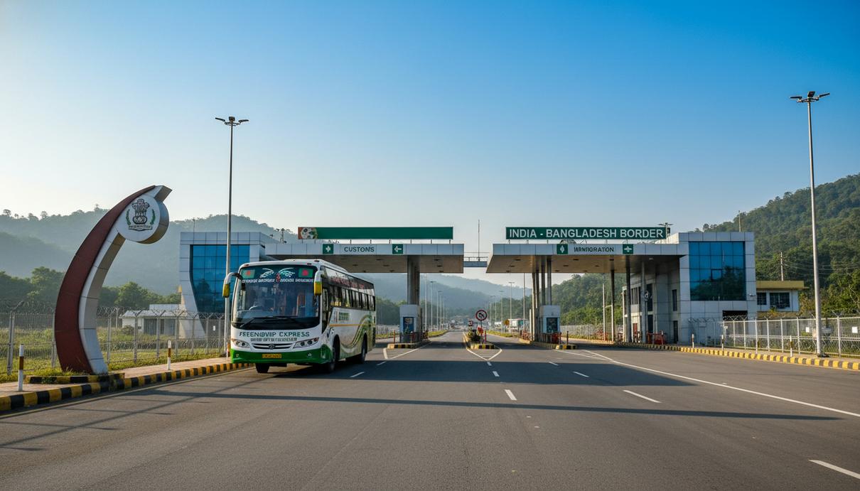 Международный пассажирский автобус на пограничном переходе между Индией и Бангладеш