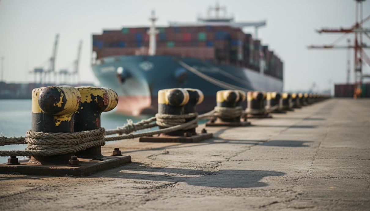 Массивные стальные причальные тумбы на бетонном пирсе торгового порта на фоне грузового судна.