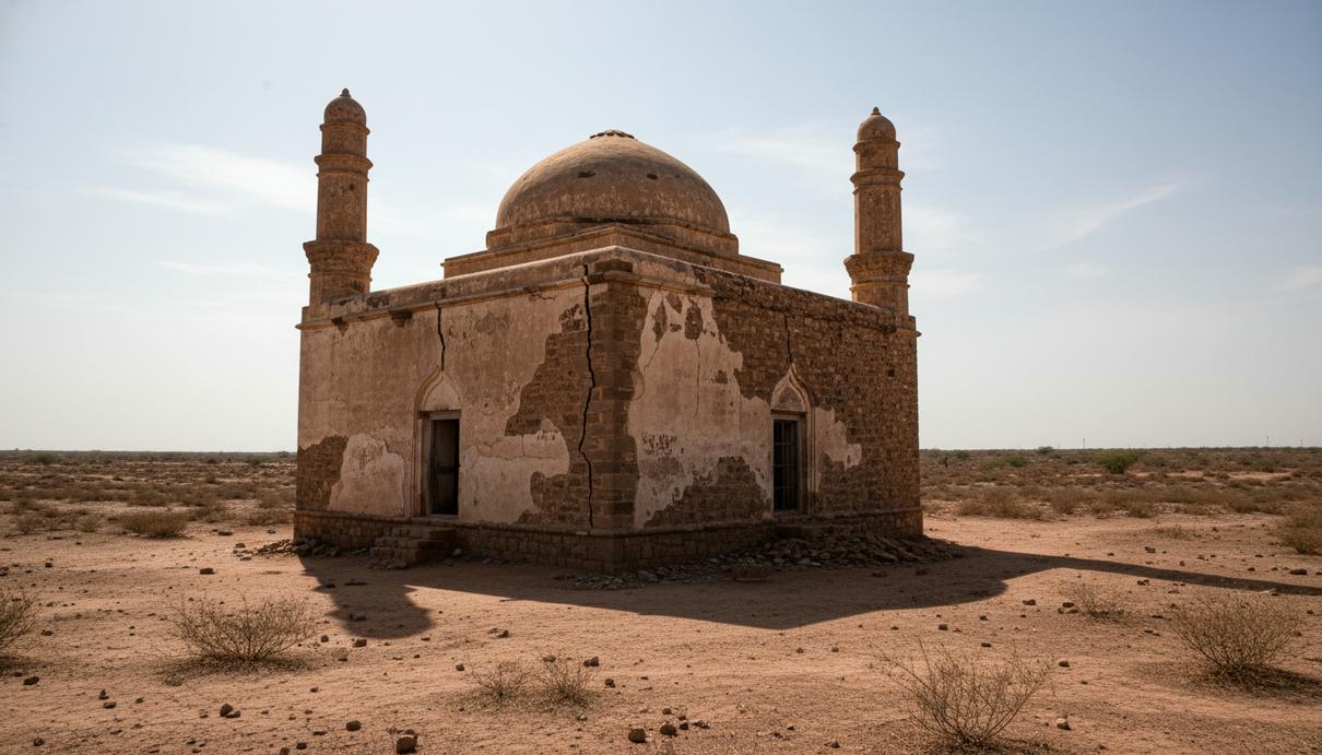 Каменное здание мечети с небольшим куполом и минаретами в сельской местности Пакистана под ярким солнцем