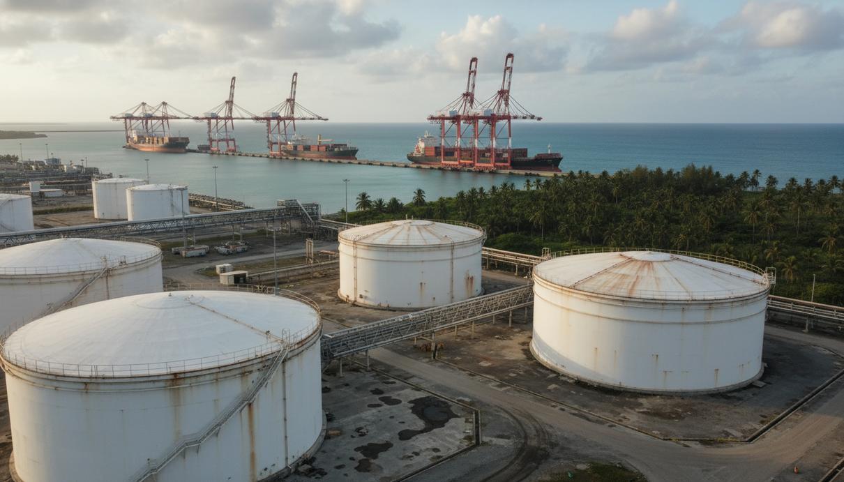 Промышленный пейзаж глубоководного порта с белыми нефтяными резервуарами на берегу океана