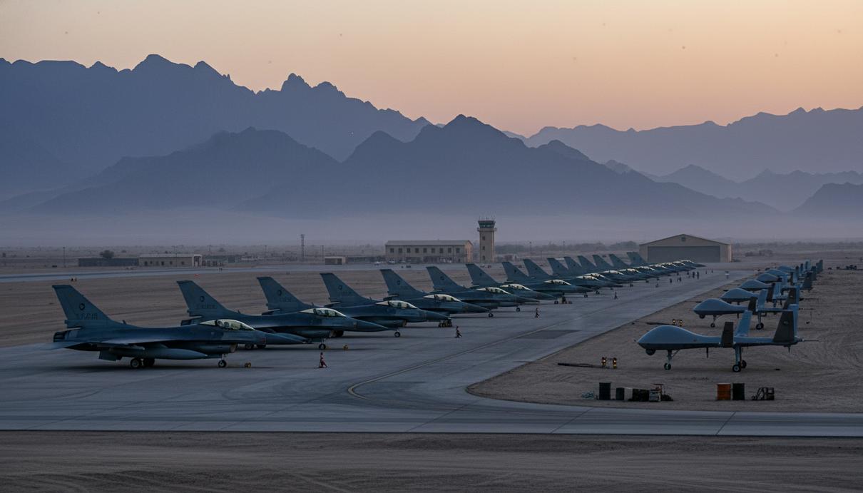 Ряд военных истребителей и беспилотников на взлетной полосе аэродрома в пустыне на фоне гор.