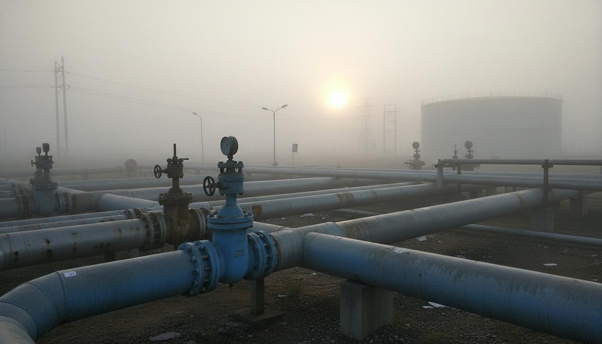 Массивные металлические трубы и вентили энергетической инфраструктуры на открытом воздухе в туманное утро