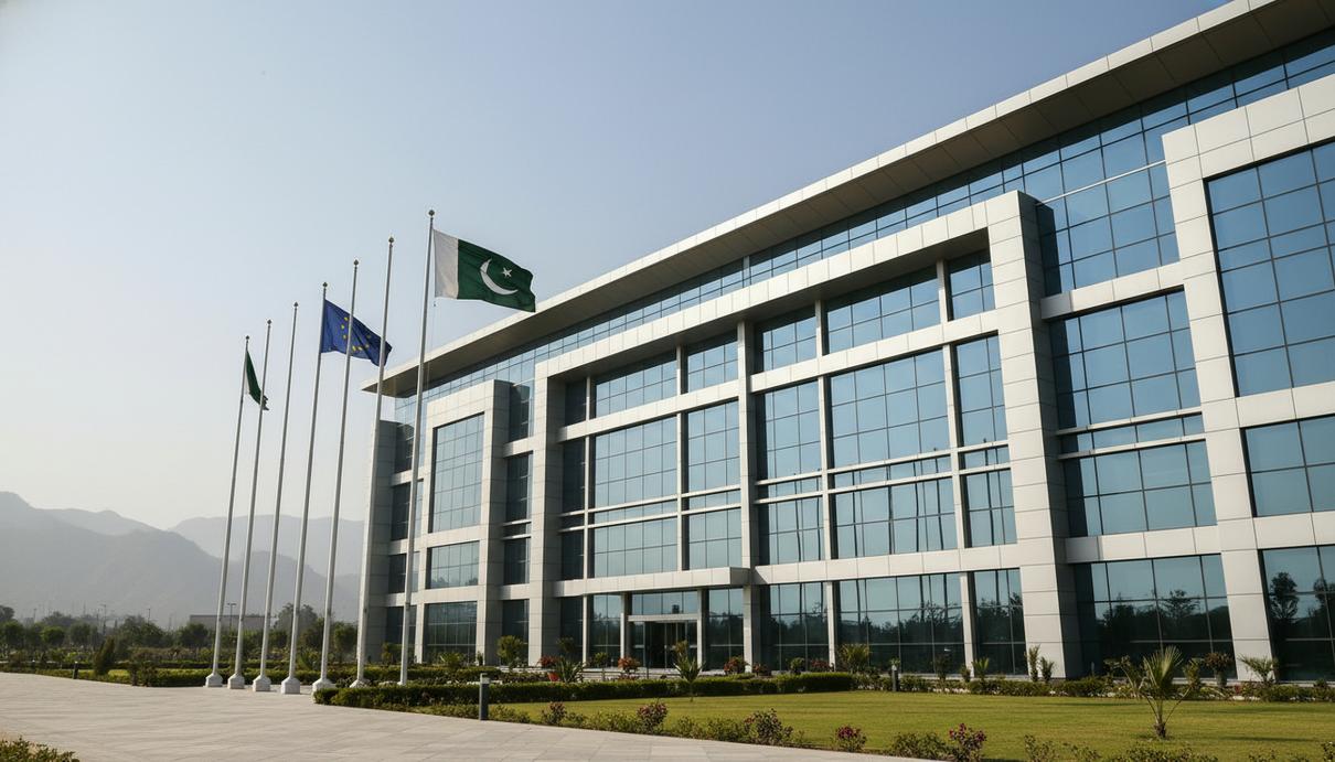 Флаги Пакистана и Европейского союза перед современным зданием из стекла и бетона в Исламабаде