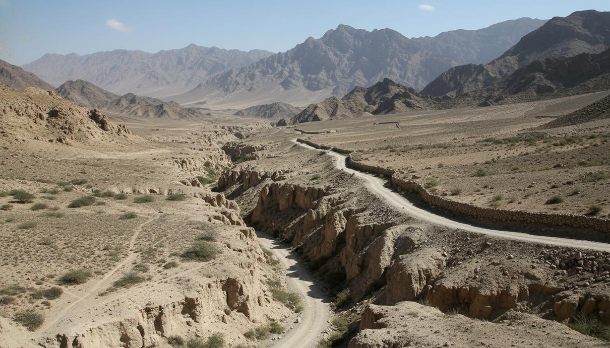 Горный ландшафт на границе Афганистана и Пакистана с грунтовой дорогой и пограничными укреплениями.
