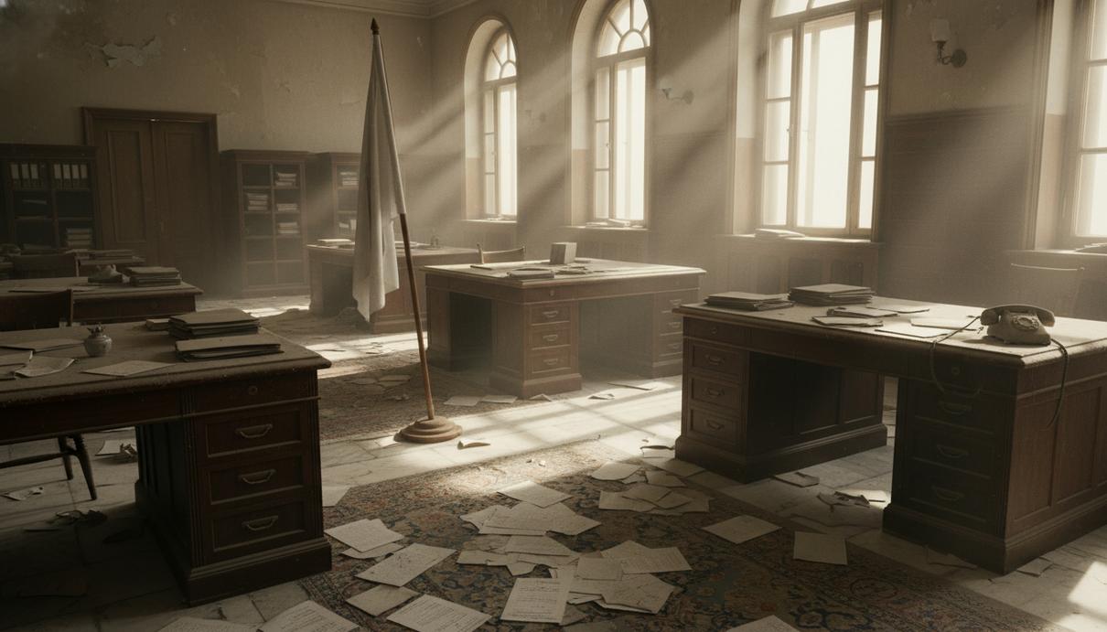 Интерьер заброшенного государственного кабинета в Афганистане с белым флагом и пыльной мебелью