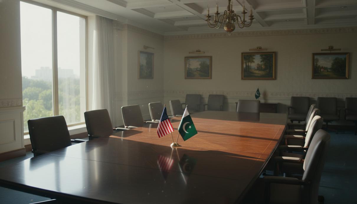 Пустой зал для переговоров с государственными флагами США и Пакистана на столе на фоне окна