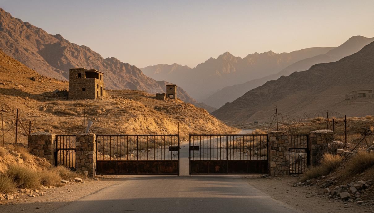 Пыльная горная дорога у пограничного перехода с закрытыми железными воротами и сторожевыми вышками.