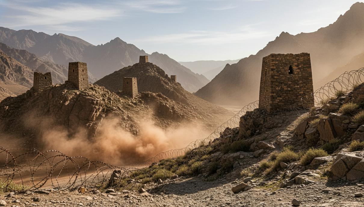 Вид на горный перевал с остатками пограничных укреплений, каменными вышками и рядами колючей проволоки.